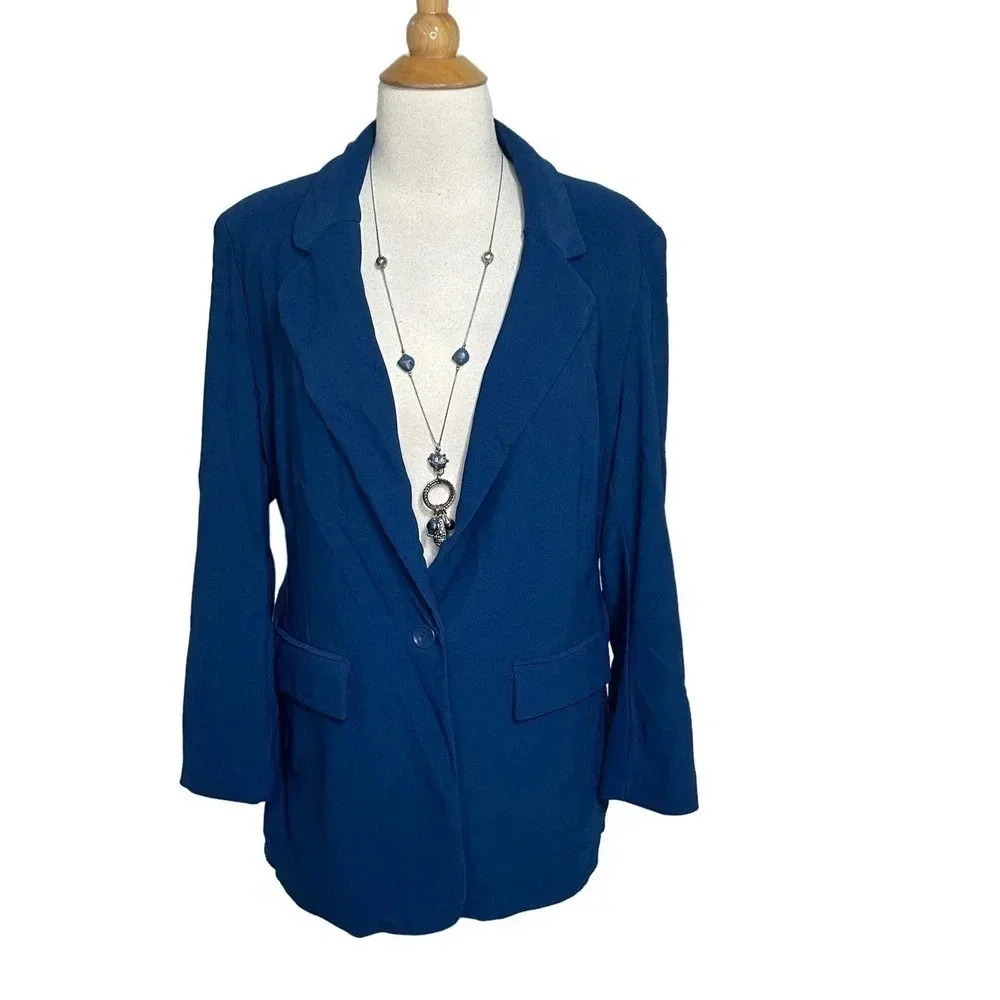 Boston Proper Blazer Size 16 Blue Single Button Stretch Career Professional